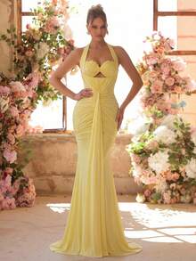Glamrae Elegant Formal Soft Yellow Stretch Mesh Halter Neck Gown Glamorous Bodice Applique Sequins All-Over Pleats Mermaid Train Dress Wedding Guest - Mustard Yellow - View 5