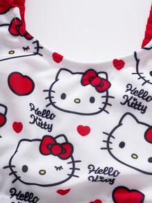 HELLO KITTY AND FRIENDS | SHEIN 少女暑假卡通猫印花荷叶边比基尼泳装 - 紅色 - 查看 5