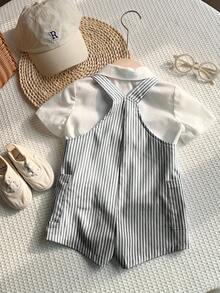 SHEIN 新生儿男女宝宝可爱条纹连体衣，适合春夏室内、室外、日常、运动、玩耍、派对、拍照、度假等各种场合。 - 黑與白 - 查看 2