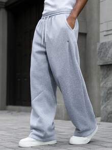 Manfinity Homme 男士淺灰色寬鬆運動長褲，鬆緊抽繩腰頭純色口袋休閒褲，秋季街頭風，城市度假、健身房適用 - 灰色 - 查看 4