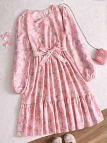 Teen Girls' Casual All-Over Print Long Sleeve Dress, Summer - Pink - View 5