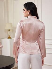 Graceveil Áo kiểu nữ cổ đứng tay phồng phối lưới màu hồng thanh lịch - Hồng - Xem 2