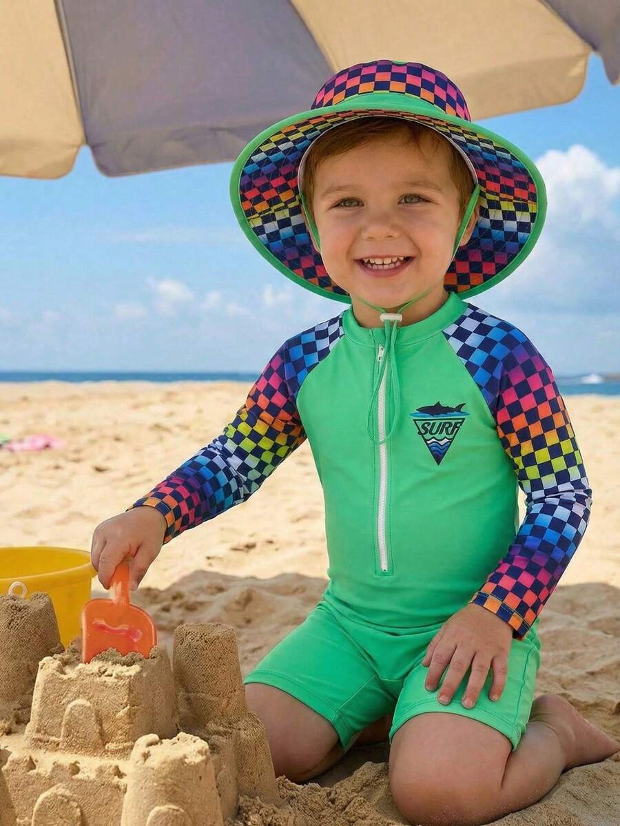 Bộ áo liền quần trẻ em trai in họa tiết kẻ caro, tay raglan, khóa kéo phía trước. - Nhiều màu - Xem 1