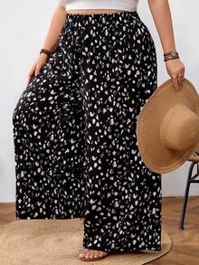 SHEIN CURVE+ Quần ống rộng cạp chun in họa tiết dành cho nữ cỡ lớn - màu đen - Xem 5