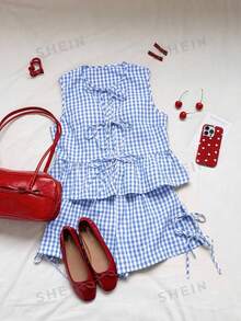 Comfortcana Conjunto de 2 piezas de camiseta de tirantes y pantalones cortos a cuadros azules para mujer, para el Día de San Valentín - Azul - Ver 7