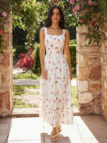 KARISMINA Lässiges, rückenfreies Sommerkleid mit Blumenmuster und Bindeband vorne – perfekt für Urlaub und Sommer. Auch als elegantes, romantisches Kleid für Hochzeitsgäste im Resort geeignet. Das gestufte Midikleid mit Blumenmuster und eckigem Ausschnitt ist ideal für Gartenpartys. Weißes Midikleid mit Blumenmuster und Bindeband am Rücken. Blumenmuster, Bindeband am Rücken, Sommer, Urlaub, Gartenparty - Weiss - Übersicht 8