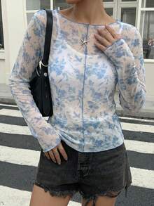 DAZY Floral Print Top-Stitching Mesh Top Sheer Long Sleeve Women Tops - White - View 18