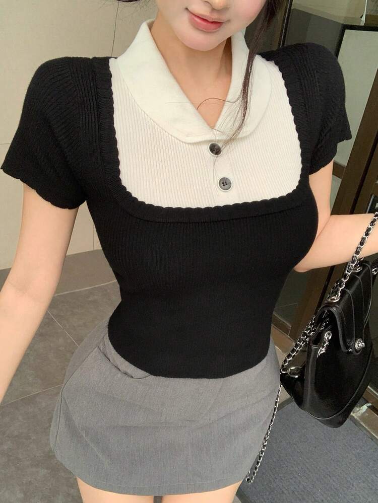 Color Block Short Sleeve Casual Vacation Lightweight Knit Sweater Top For Women, Summer