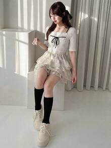 FRIFUL 2-In-1 Contrast Color Pleated Drawstring Tie Waist Casual Slim Fit T-Shirt Cute Tops - White - View 4