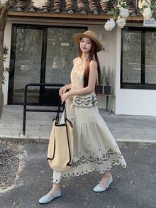 DAZY Women's V-Neck Korean Style Striped 2 Pieces Set - Beige - View 1