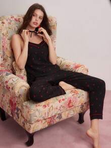 樱桃印花吊带背心和裤子女士夏季睡衣睡衣套装 - 黑色 - 查看 1