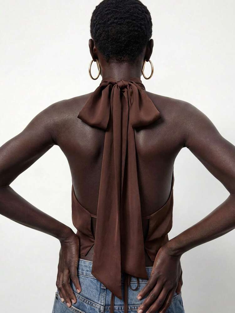 SHEIN Maija Women's Dark Brown Summmer Seksi Chic Party Night Backless Halter Top,Metal Buckle Decor High Neck Elegant Party Tops, Modern City Outfits