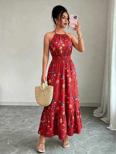 Elenzga Đầm hai dây in họa tiết, eo chun, kiểu dáng thường ngày dành cho nữ.