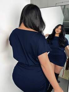 Firerie Plus Size Women Solid Color Casual Minimalist Short Sleeve Bodycon Dress - Navy Blue - View 2