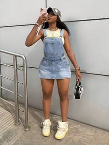 StreetHx 女士无弹力牛仔吊带迷你裙 - 藍色 - 查看 7