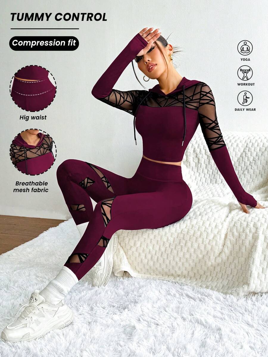 Slayform Slayform Setelan Olahraga Wanita Model Hoodie dan Legging dengan Motif Jala dan Tali Serut
