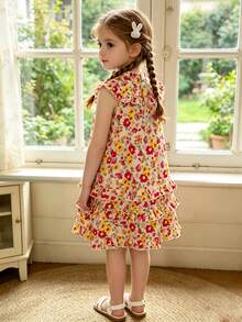 SHEIN Vintaside Kids 少女夏季甜美可爱度假风碎花荷叶领层叠荷叶边下摆无袖连衣裙 - 彩色 - 查看 2