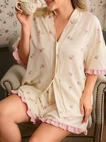 CottageSlumber Set pigiama da donna taglie forti con stampa di rose rosa, stile kimono, maniche corte e pantaloncini - Albicocca - Visualizzare 4