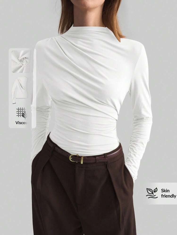 2026 Spring/Summer New Asymmetric Pleated Collar Basic Long Sleeve Minimalist Urban Business Casual Blouse, Women Office Wear, Outdoor, Party