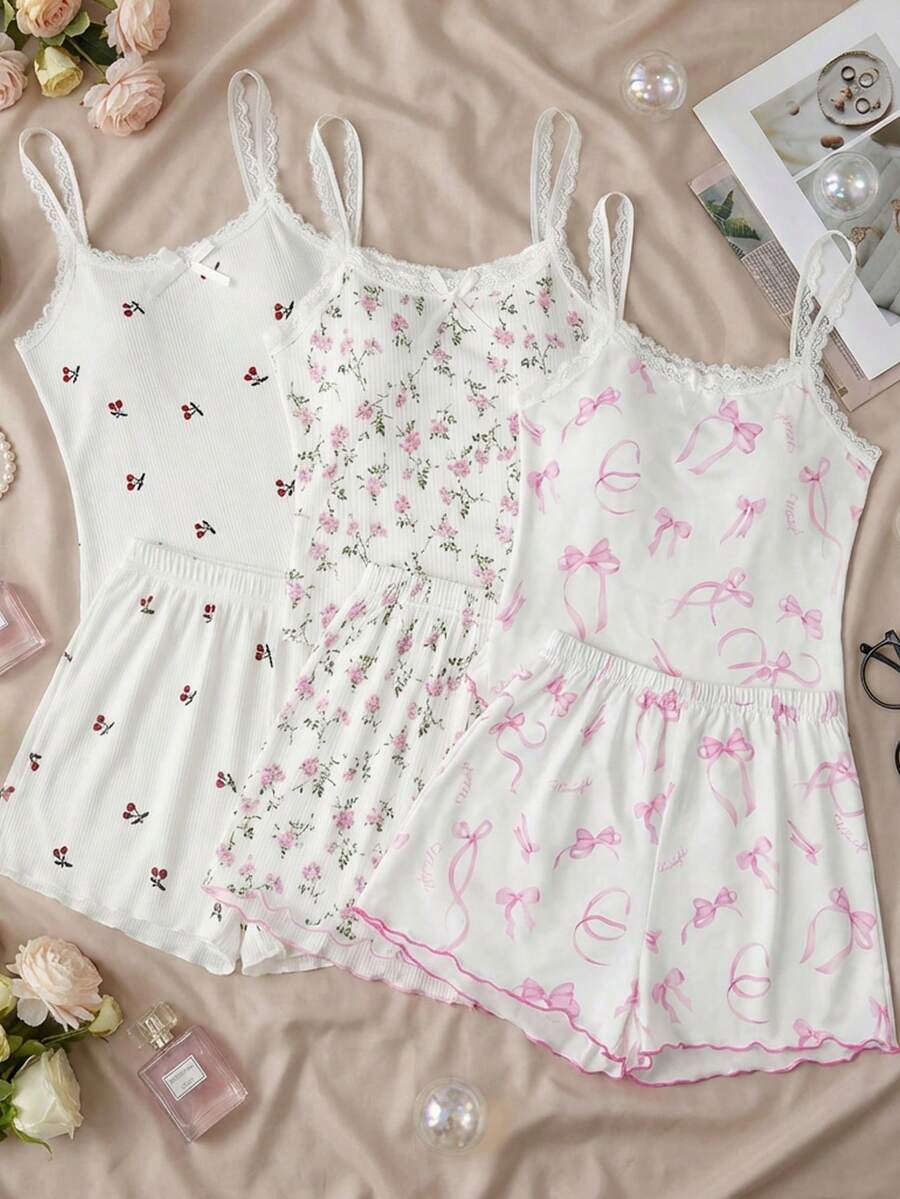 SHEIN 少女碎花图案蝴蝶结饰边吊带背心和短裤舒适休闲修身睡衣套装，2件套，粉色 - 彩色 - 查看 1