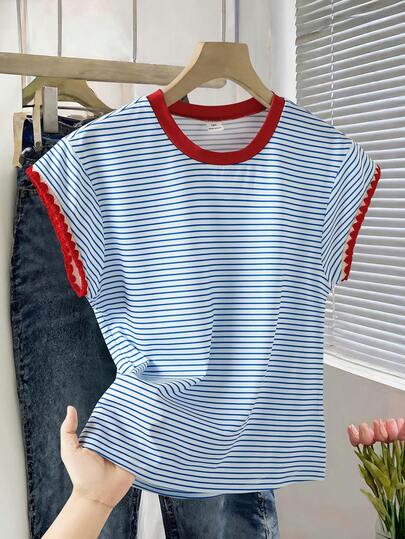 SHEIN 1 pieza Camiseta suelta informal con bloque de color, volantes y estampado de rayas para niñas preadolescentes, adecuada para uso diario, ir al trabajo, ocio, vacaciones, reuniones con amigos, playa