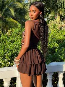 Mima John 女式不对称下摆不对称肩上衣，休闲度假、海滩、婚礼宾客、毕业早午餐、圣帕特里克节、春假、复活节、音乐节、优雅波西米亚热带派对、亮片装饰、棕色、情人节 - 咖啡棕 - 查看 3