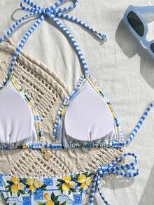 Swim Mod 女士泳衣两件套，性感度假沙滩优雅柠檬图案挂脖系带荷叶边三角泳裤蓝色柠檬吊坠沙滩装 - 彩色 - 查看 4