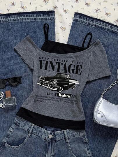 Attitoon Áo thun ngắn tay nữ cỡ lớn kiểu dáng retro phối màu tương phản, phong cách cổ điển, in hình xe hơi retro, phù hợp với thời kỳ Y2K.