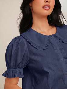2026 Vestido bohemio mini de línea A con manga corta abullonada, cuello con volantes, abotonado, 100% algodón, para rodeo de Nashville, vacaciones, lindo atuendo para brunch - Azul marino - Ver 2