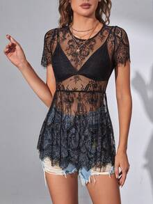 SHEIN Tall Floral Lace Sheer Top Without Bra - Black - View 4