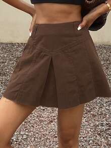 DAZY Chân váy ngắn xếp ly denim mùa hè dành cho nữ, kiểu dáng thường ngày. - màu nâu - Xem 5