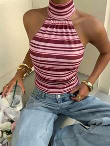 Muchica 女士休闲高领拉链针织吊带背心，无袖，简约休闲，适合日常通勤，露背设计，条纹款 - 彩色 - 查看 4