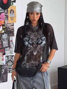 Coolane T-shirt oversize noir confortable, respirant et extensible avec graphiques vintage sexy, décontracté, grunge, gothique, punk et gyaru. Streetwear d'été pour femmes et hommes - Noir - Voir 2