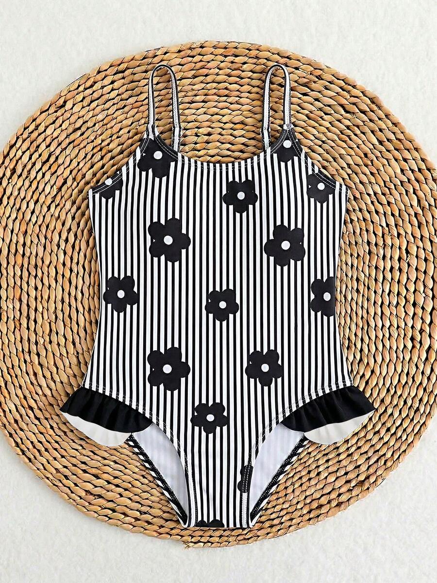 Young Girls Striped & Floral Print Spaghetti Strap Ruffled Hem One-Piece Swimsuit, Suitable For Vacation, Beach, Pool - Multicolor - View 1