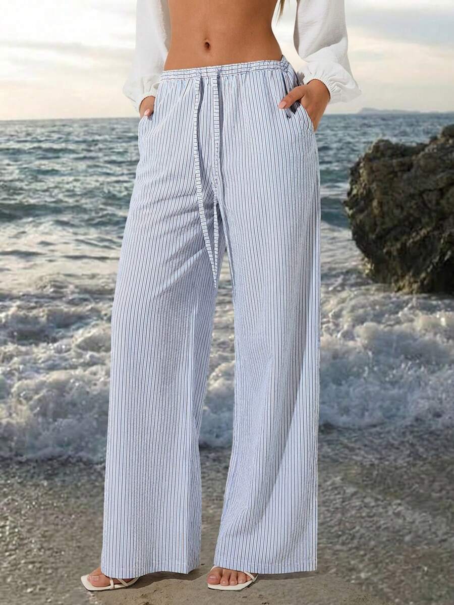 SHEIN ICON 夏季女士度假沙滩外出宽松蓝色条纹抽绳腰带口袋休闲百搭日常阔腿裤 - 彩色 - 查看 1