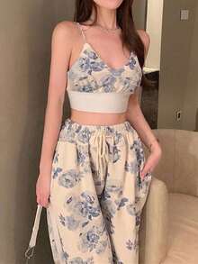 Pariaura Petite 女款花卉印花短版細肩帶背心與高腰寬腿褲兩件套，適合嬌小女性 - 彩色 - 查看 3