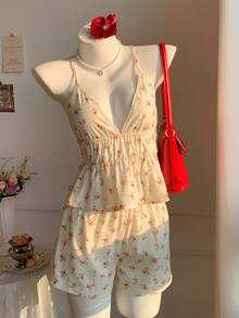 Comfortcana Conjunto casual de vacaciones con camiseta de tirantes y pantalones cortos con estampado floral ditsy para mujer - Multicolor - Ver 8