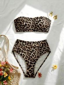 Swim Chiccia 2025 Women's Fashionable Sexy Leopard Print Bandeau Bikini Set, Summer - Multicolor - View 6