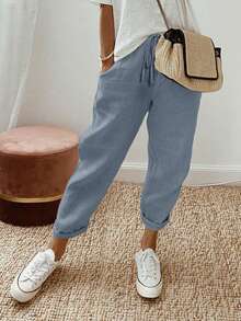 Breezaya Women Solid Color Drawstring Spring And Summer Long Pants - Blue - View 7