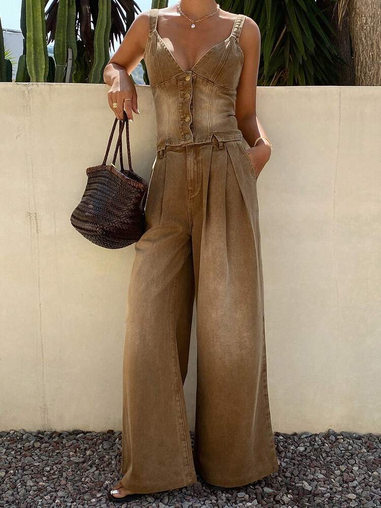 Women's Casual Washed Brown V-Neck Top And Denim Pants Suit, Summer Holiday Outfit
