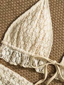 Swim Mod Top de traje de baño con cuello de halter y textura de tela de albaricoque, con volantes y juego de Bottom y falda con volantes a juego. Conjunto de traje de baño de 3 piezas dulce y sexy para vacaciones en la playa - Albaricoque - Ver 5