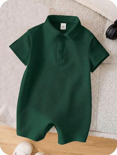 SHEIN Newborn Baby Boy/Girl Soft & Comfortable Casual White Short Sleeve Knit Romper, Suitable For Indoor, Outdoor, Daily Wear, Sports, Play, Party, Photo Shoot, Vacation, Festivals, Wedding, Baby Shower, 1st Birthday