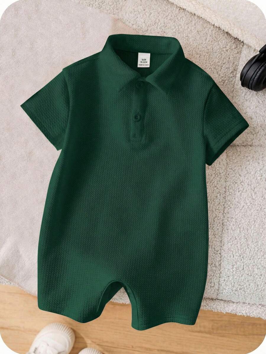 SHEIN Newborn Baby Boy/Girl Soft Casual Knit Romper,Dark Green,Summer,Family Matching,Short Sleeve Comfortable Polo Jumpsuit For Party,Wedding,Baby Shower - Green - View 1