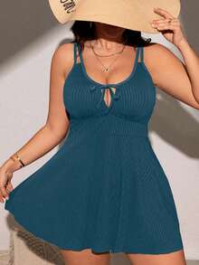 SHEIN Swim Lushore 大码纯色吊带沙滩裙 - 水鴨藍 - 查看 6
