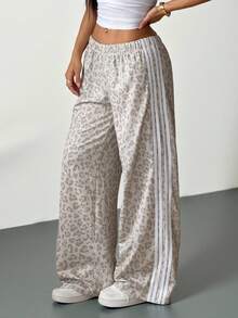 SHEIN PETITE Women's Elastic Waist Casual Versatile Commuting Wide Leg Sweatpants Cheetah Print Bottoms - Multicolor - View 3