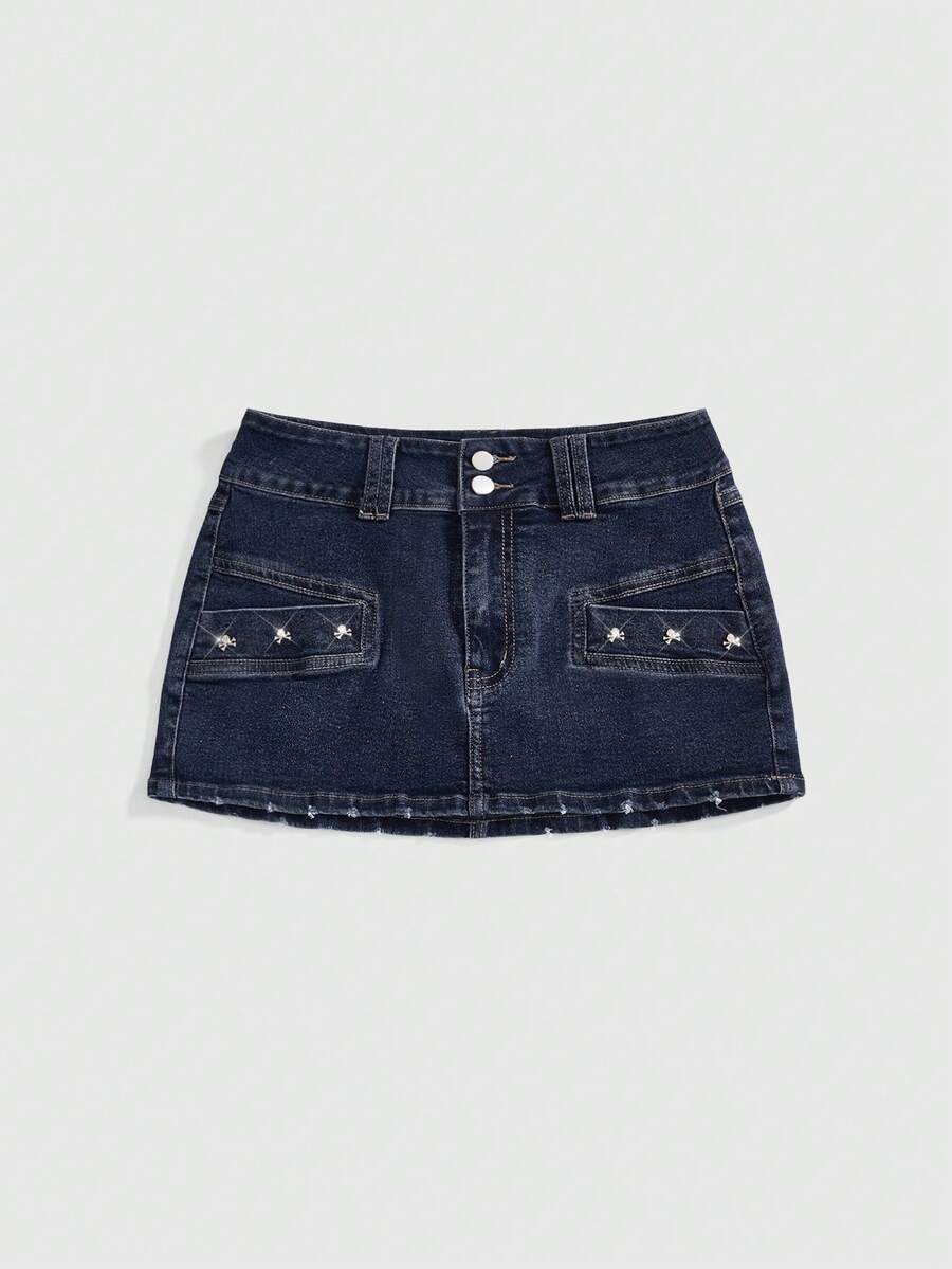 ROMWE Grunge Punk Vintage Distressed Skull Studded Low Waist Sexy Denim Mini Skirt For Women - Dark Wash - View 1