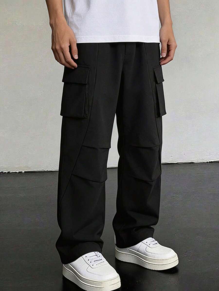SHEIN Pantalones cargo de ajuste holgado para adolescentes con bolsillos con solapa, cintura con cordón lateral, adecuados para fiestas de cumpleaños, fiestas de noche, actuaciones, bodas, bautizos, ceremonias de apertura, uso diario, escuela, viajes, deportes, primavera y verano - Negro - Ver 1