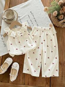 SHEIN LMoss Kids Conjunto de top sin mangas con volantes y estampado floral y pantalones de cintura elástica para niña pequeña en vacaciones de verano - Multicolor - Ver 4