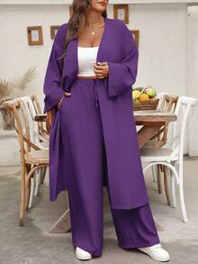EMERY ROSE Plus Size Women's Solid Color Long Sleeve Long Shirt And Straight Leg Pants Casual Vacation 2-Piece Set Fall - Purple - View 3