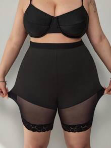 SHEIN CURVE+ 大码女式纯色网纱拼接高腰塑形短裤 / 2026新款 / 新年女式大码曲线服装 - 黑色 - 查看 7